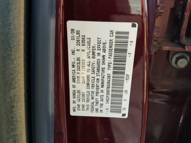 1HGCP26878A064397 - 2008 HONDA ACCORD EXL BURGUNDY photo 10