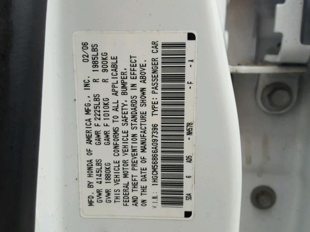 1HGCM56866A097396 - 2006 HONDA ACCORD EX WHITE photo 10