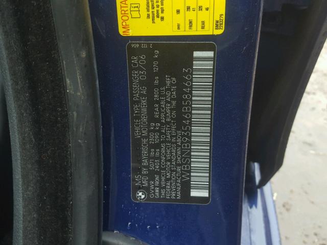 WBSNB93546B584663 - 2006 BMW M5 BLUE photo 10