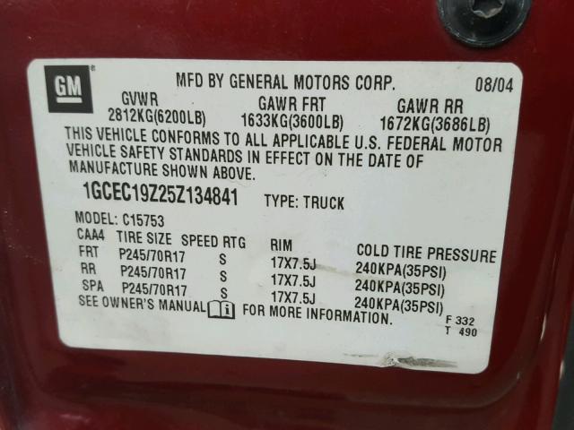 1GCEC19Z25Z134841 - 2005 CHEVROLET SILVERADO RED photo 10