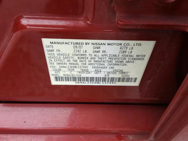 1N4AL21E68C137445 - 2008 NISSAN ALTIMA 2.5 MAROON photo 10