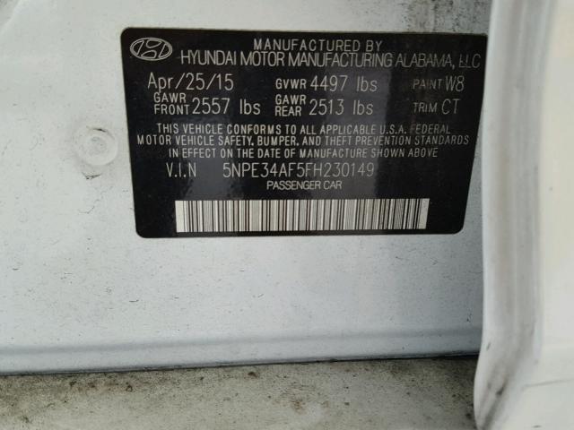 5NPE34AF5FH230149 - 2015 HYUNDAI SONATA SPO WHITE photo 10