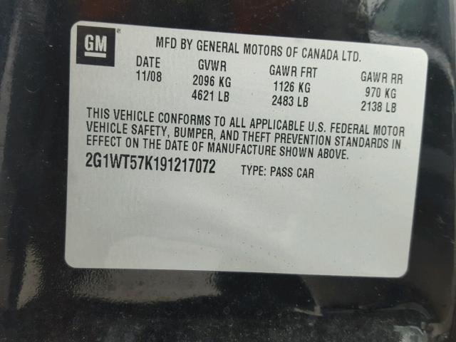 2G1WT57K191217072 - 2009 CHEVROLET IMPALA 1LT BLACK photo 10