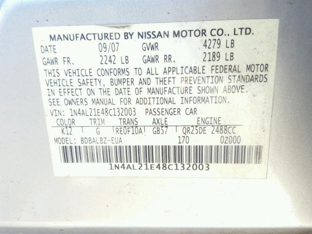 1N4AL21E48C132003 - 2008 NISSAN ALTIMA 2.5 SILVER photo 10