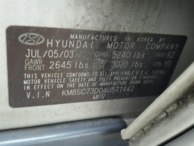 KM8SC73D04U571442 - 2004 HYUNDAI SANTA FE G SILVER photo 10