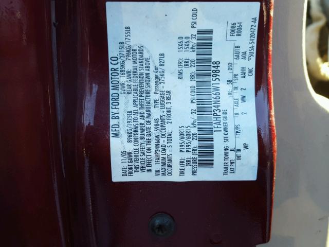 1FAHP34N66W159848 - 2006 FORD FOCUS ZX4 BURGUNDY photo 10