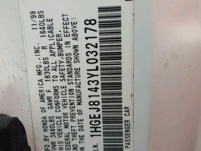 1HGEJ8143YL032178 - 2000 HONDA CIVIC EX თეთრი ფოტო 10