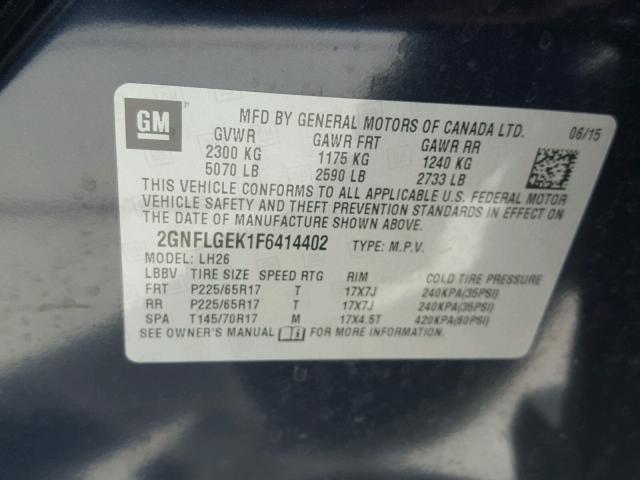 2GNFLGEK1F6414402 - 2015 CHEVROLET EQUINOX LT BLUE photo 10