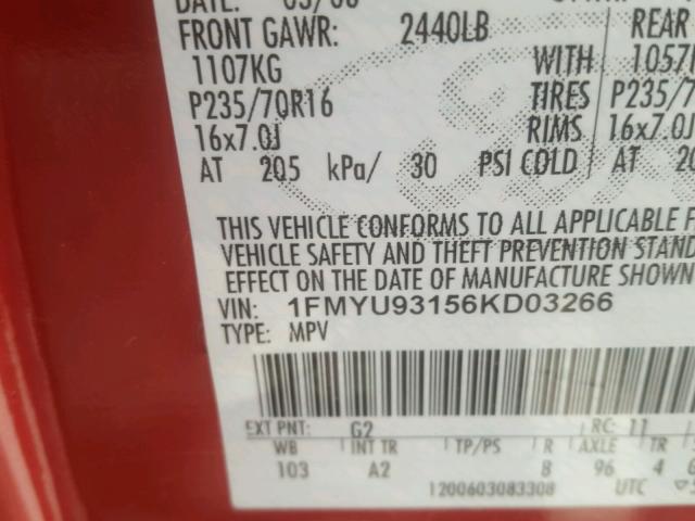 1FMYU93156KD03266 - 2006 FORD ESCAPE XLT RED photo 10