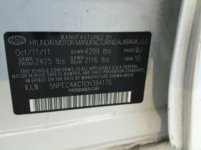 5NPEC4AC1CH394175 - 2012 HYUNDAI SONATA SE WHITE photo 10