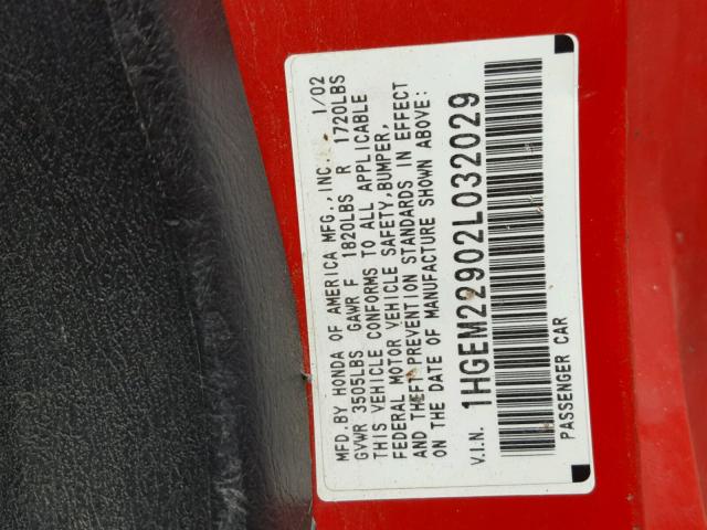 1HGEM22902L032029 - 2002 HONDA CIVIC EX წითელი ფოტო 10