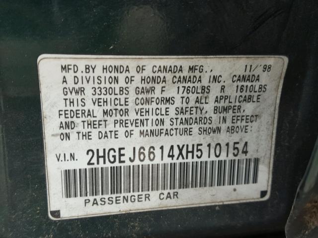 2HGEJ6614XH510154 - 1999 HONDA CIVIC BASE GREEN photo 10