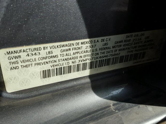 3VWPG71K46M675842 - 2006 VOLKSWAGEN JETTA VALU GRAY photo 10