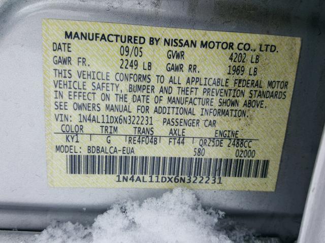 1N4AL11DX6N322231 - 2006 NISSAN ALTIMA S SILVER photo 10