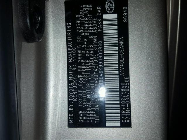 4T1BE46K99U905980 - 2009 TOYOTA CAMRY BASE BEIGE photo 10