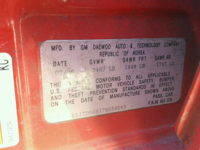 KL1TD56617B059543 - 2007 CHEVROLET AVEO BASE წითელი ფოტო 10