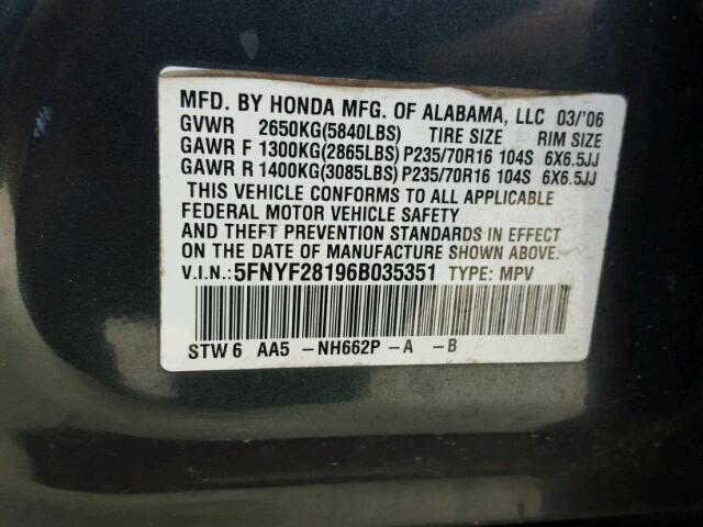 5FNYF28196B035351 - 2006 HONDA PILOT LX GRAY photo 10