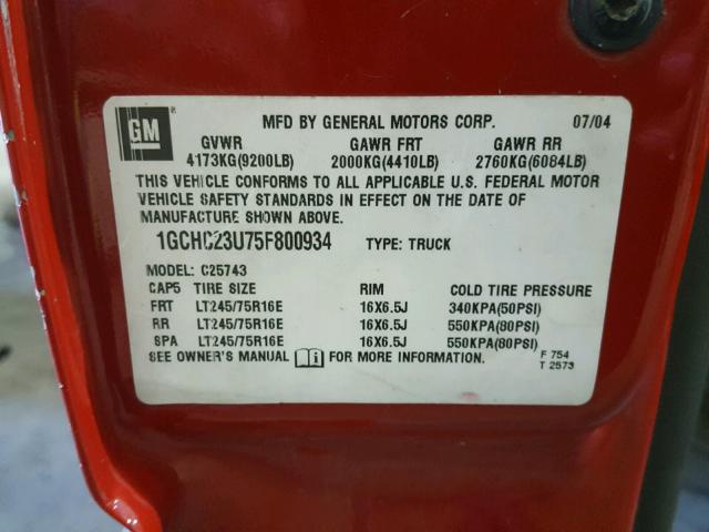 1GCHC23U75F800934 - 2005 CHEVROLET SILVERADO RED photo 10