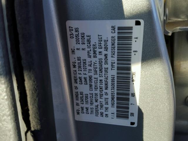 1HGCM66517A069941 - 2007 HONDA ACCORD EX SILVER photo 10