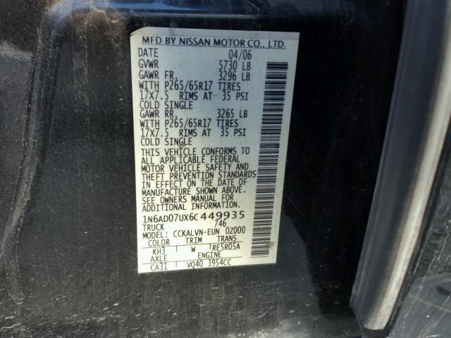 1N6AD07UX6C449935 - 2006 NISSAN FRONTIER C BLACK photo 10