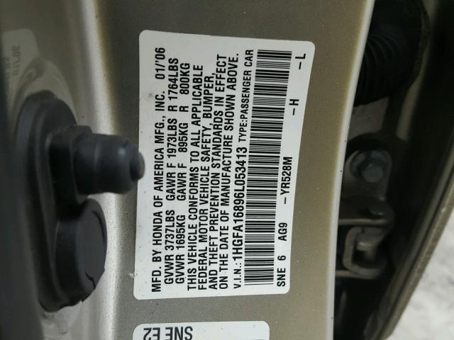 1HGFA16896L053413 - 2006 HONDA CIVIC EX ოქროსფერი ფოტო 10