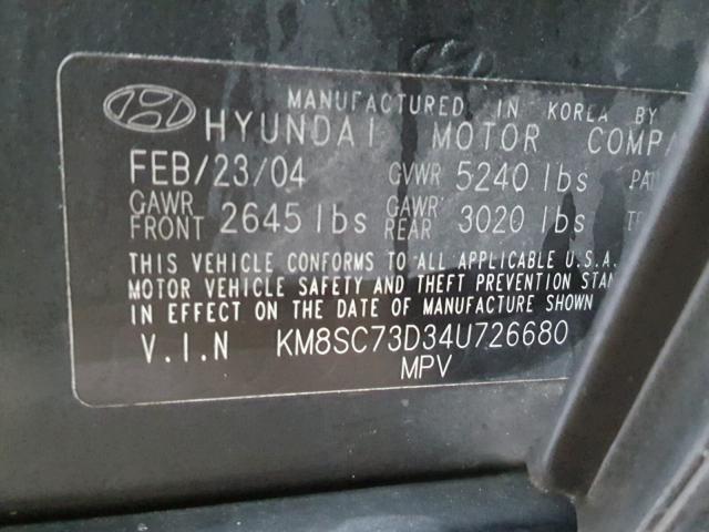 KM8SC73D34U726680 - 2004 HYUNDAI SANTA FE G BLACK photo 10