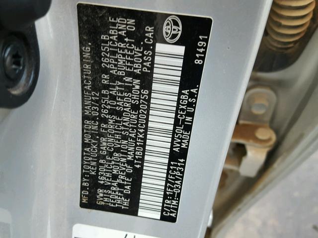 4T1BD1FK4CU020756 - 2012 TOYOTA CAMRY HYBR GRAY photo 10