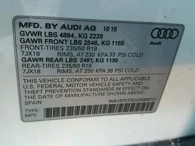 WA1EFCFS2GR009121 - 2016 AUDI Q3 PREMIUM WHITE photo 10