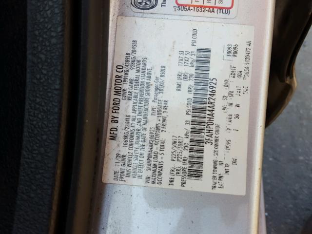 3FAHP0HA4AR246925 - 2010 FORD FUSION SE SILVER photo 10