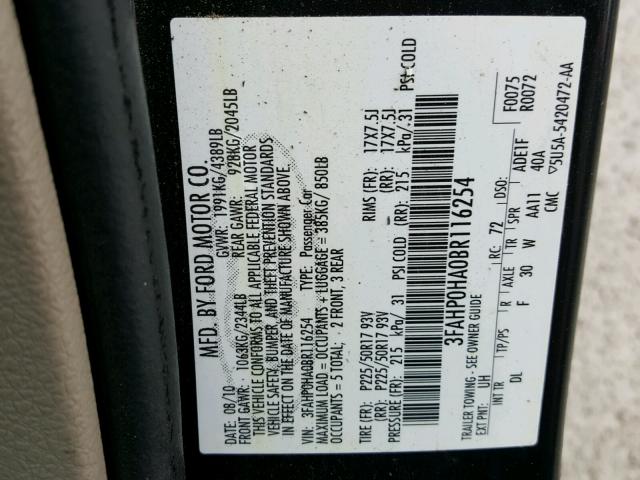 3FAHP0HA0BR116254 - 2011 FORD FUSION SE BLACK photo 10