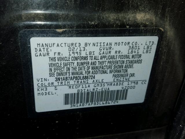 3N1AB7AP8DL686724 - 2013 NISSAN SENTRA S BLACK photo 10