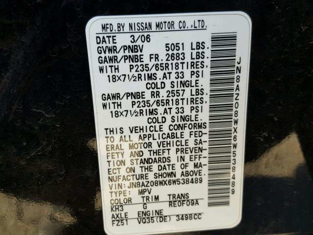 JN8AZ08WX6W538489 - 2006 NISSAN MURANO SL BLACK photo 10