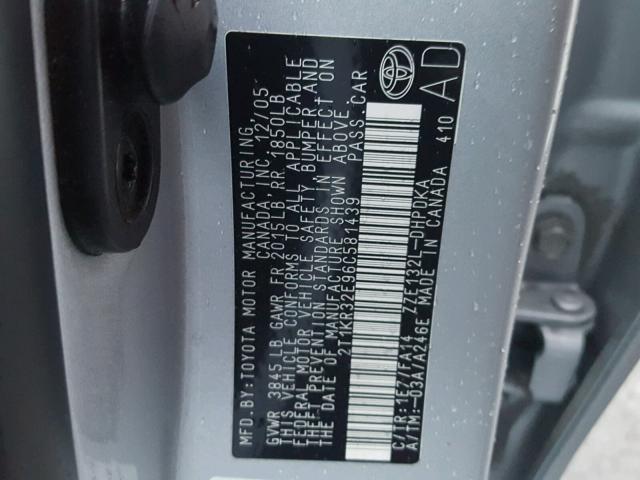 2T1KR32E96C581439 - 2006 TOYOTA COROLLA MA SILVER photo 10