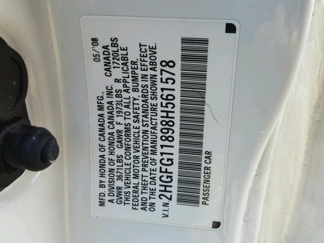 2HGFG11898H561578 - 2008 HONDA CIVIC EX თეთრი ფოტო 10