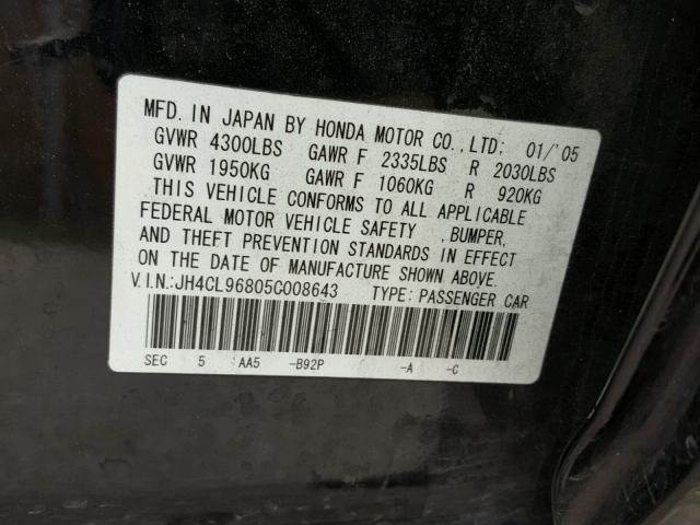 JH4CL96805C008643 - 2005 ACURA TSX BLACK photo 10