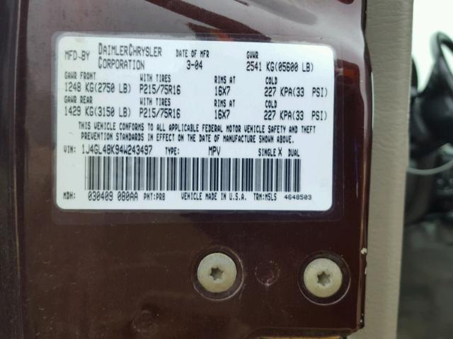 1J4GL48K94W243497 - 2004 JEEP LIBERTY SP BURGUNDY photo 10