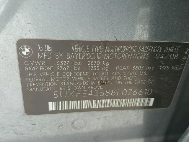 5UXFE43588L026610 - 2008 BMW X5 3.0I GRAY photo 10