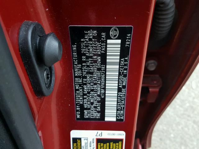 4T1BF1FK0HU673182 - 2017 TOYOTA CAMRY LE RED photo 10