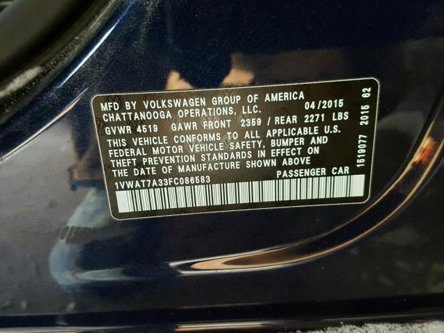 1VWAT7A33FC086583 - 2015 VOLKSWAGEN PASSAT S ლურჯი ფოტო 10