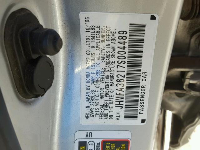 JHMFA36217S004489 - 2007 HONDA CIVIC HYBR GRAY photo 10