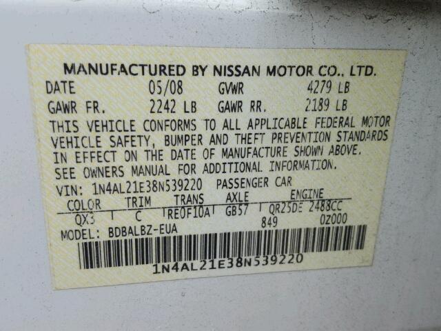 1N4AL21E38N539220 - 2008 NISSAN ALTIMA 2.5 WHITE photo 10