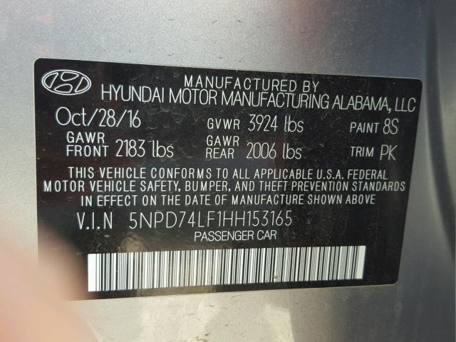 5NPD74LF1HH153165 - 2017 HYUNDAI ELANTRA SE SILVER photo 10