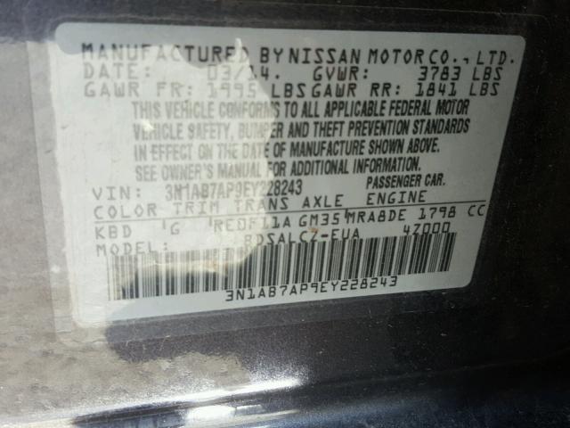 3N1AB7AP9EY228243 - 2014 NISSAN SENTRA S GRAY photo 10