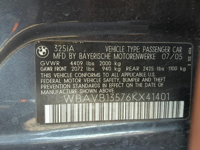 WBAVB13576KX41401 - 2006 BMW 325 I GRAY photo 10