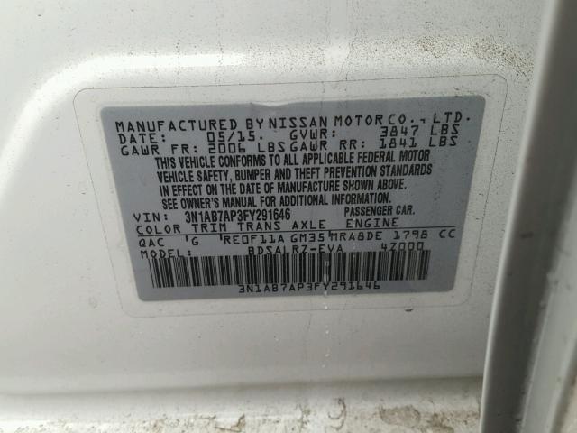 3N1AB7AP3FY291646 - 2015 NISSAN SENTRA S WHITE photo 10