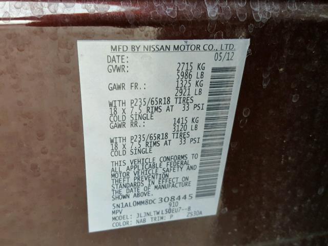 5N1AL0MM8DC308445 - 2013 INFINITI JX35 BASE MAROON photo 10