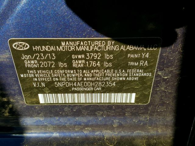 5NPDH4AE0DH282354 - 2013 HYUNDAI ELANTRA GL BLUE photo 10