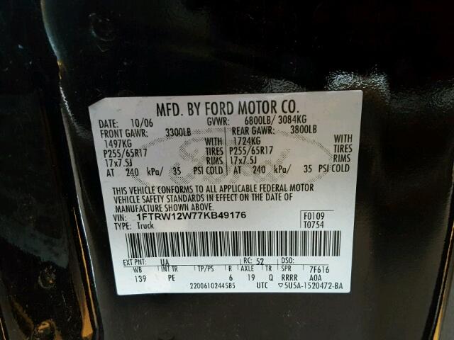 1FTRW12W77KB49176 - 2007 FORD F150 SUPER BLACK photo 10