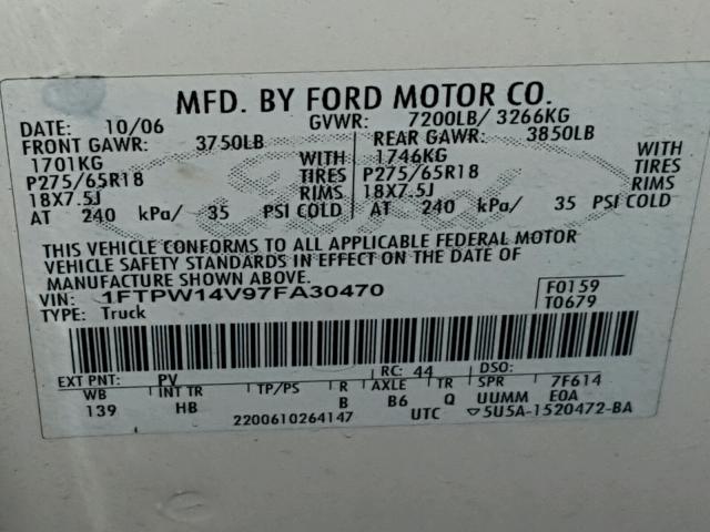 1FTPW14V97FA30470 - 2007 FORD F150 SUPER WHITE photo 10