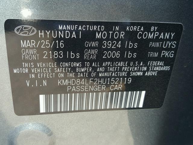 KMHD84LF2HU152119 - 2017 HYUNDAI ELANTRA SE GRAY photo 10